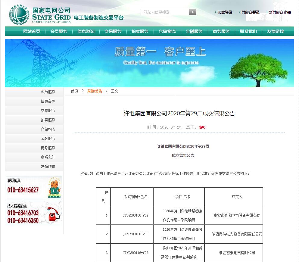 熱烈祝賀浙江雷泰電氣有限公司成功入圍許繼集團(tuán)2020年浪涌保護(hù)器和避雷器年度集中談判采購(gòu)項(xiàng)目